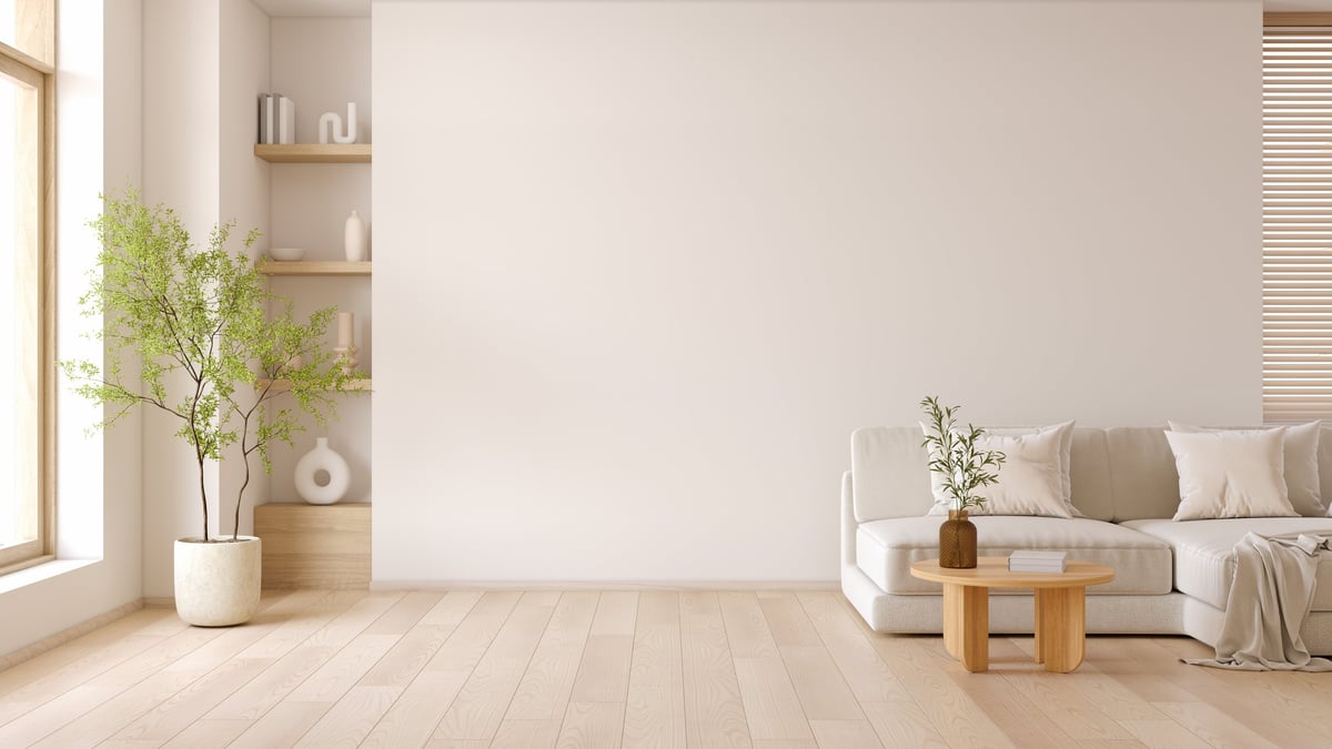 Minimal living room with modern sofa and coffee table Wooden furniture and minimal decoration with white walls ,3d render