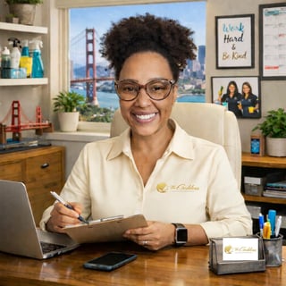 Professional woman in beige polo shirt at desk with laptop, holding clipboard, smiling at camera with Golden Gate Bridge visible through office window