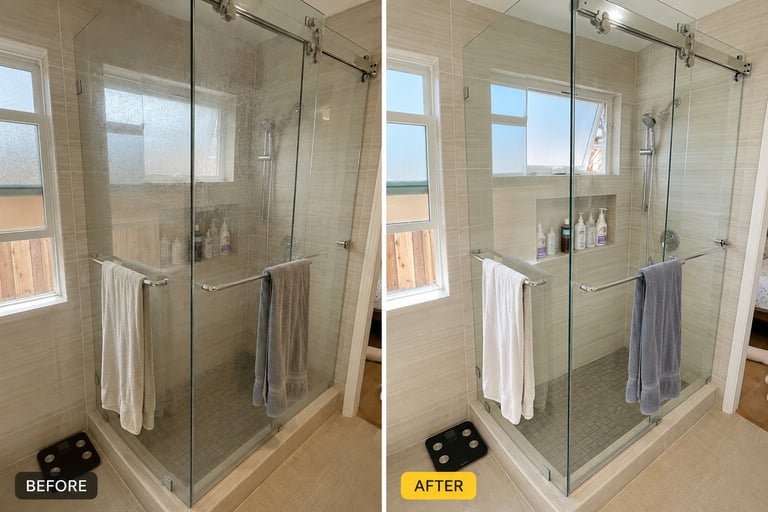 Before and after comparison of a bathroom shower with glass doors, showing the enclosure in different states