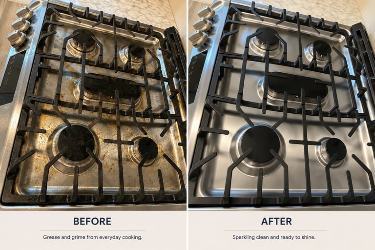 Before and after comparison of stovetop cleaning, showing grease removal and sparkling results