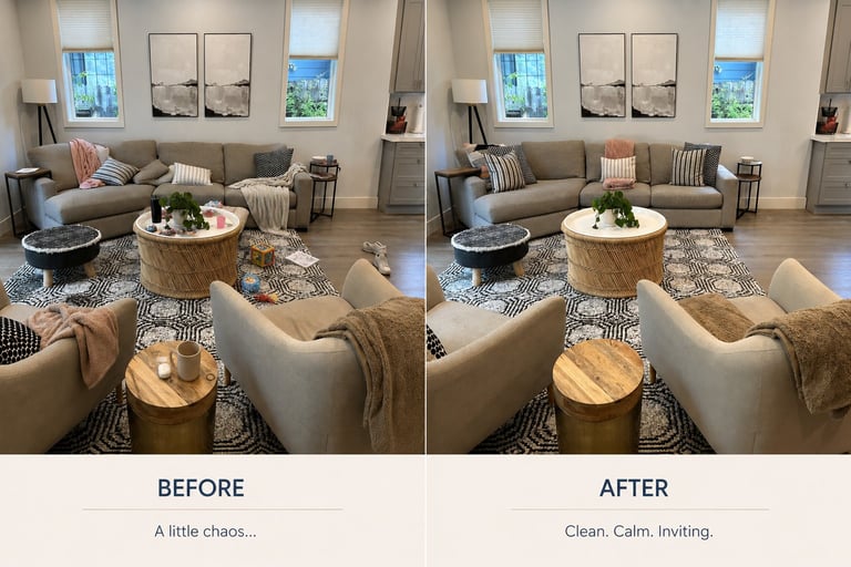 Before and after home styling comparison showing a living room transformed from cluttered to organized and serene